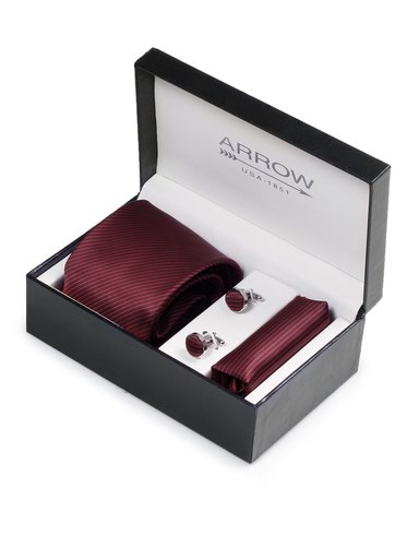 Arrow Men Formal Maroon Tie+Cufflink+Pocket square - Combo Pack